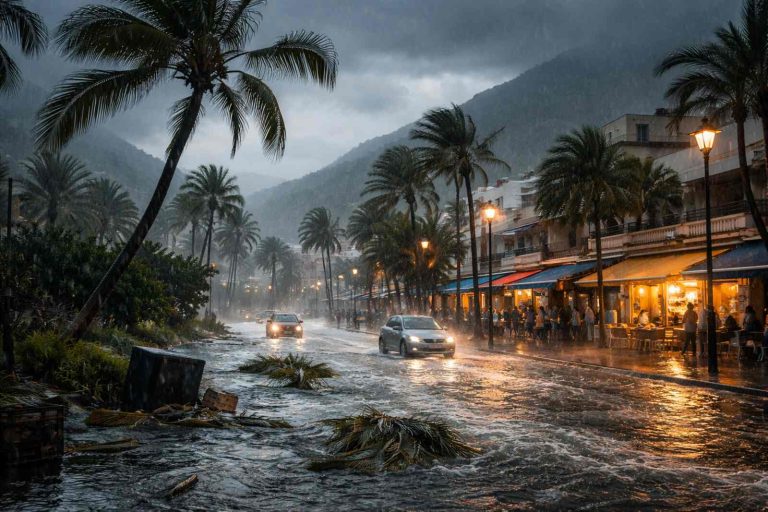 Bus und Auto in Puerto de la Cruz durch Sturm Therese gestrandet